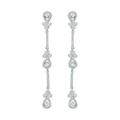 Pair of long silver-toned drop earrings with sparkling teardrop-shaped settings, floral clusters, and brilliant center stones.